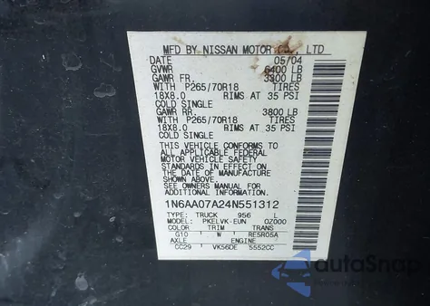 2004 Nissan Titan Le z USA, uszkodzony, nr VIN 1N6AA07A24N551312